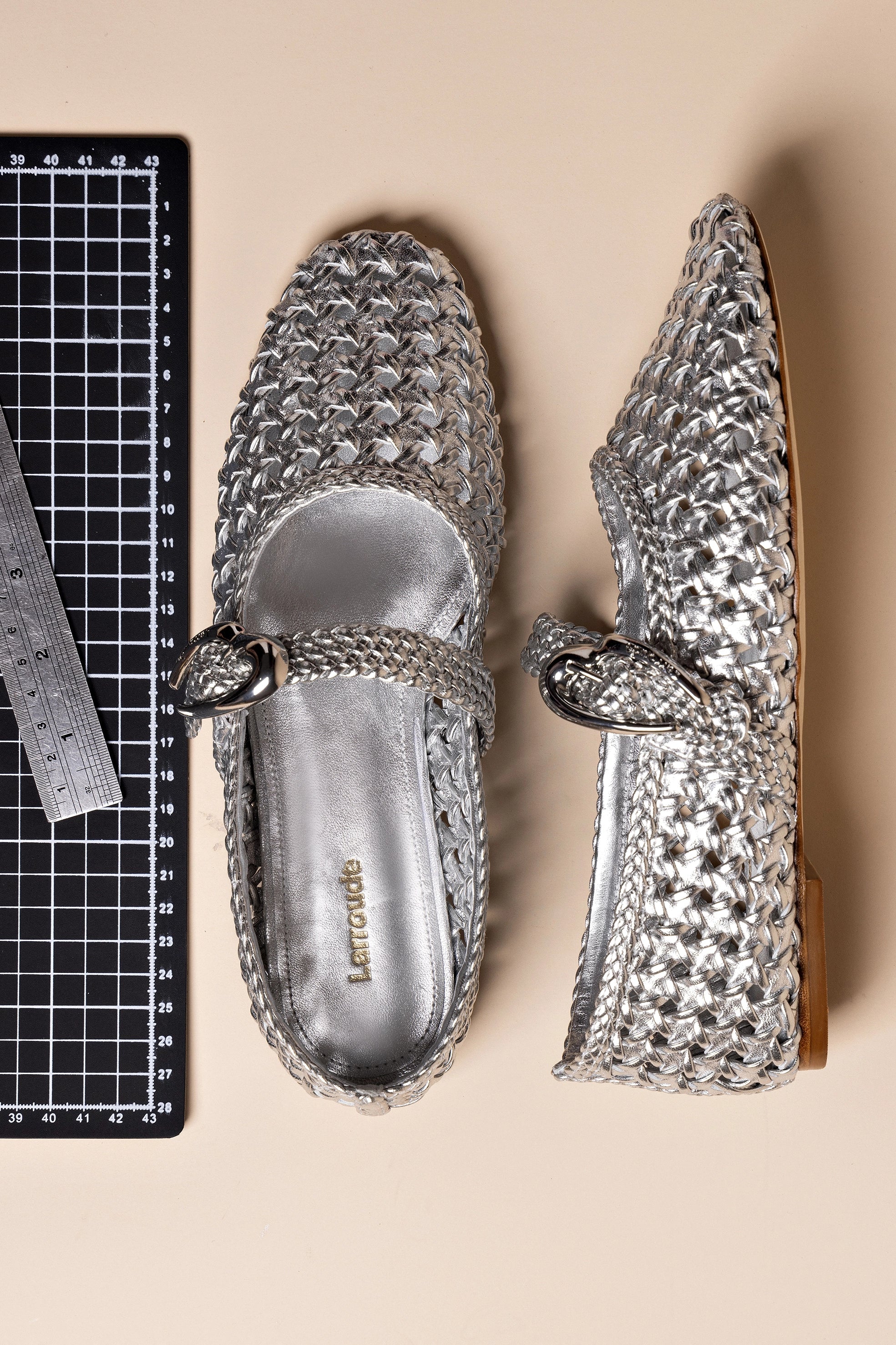 Silver Metallic Leather Macrame Mary-Jane Ballet Flat