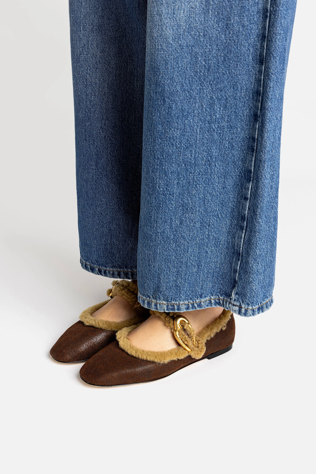 Cocoa Leather and Natural Shearling Mary-Jane Ballet Flat