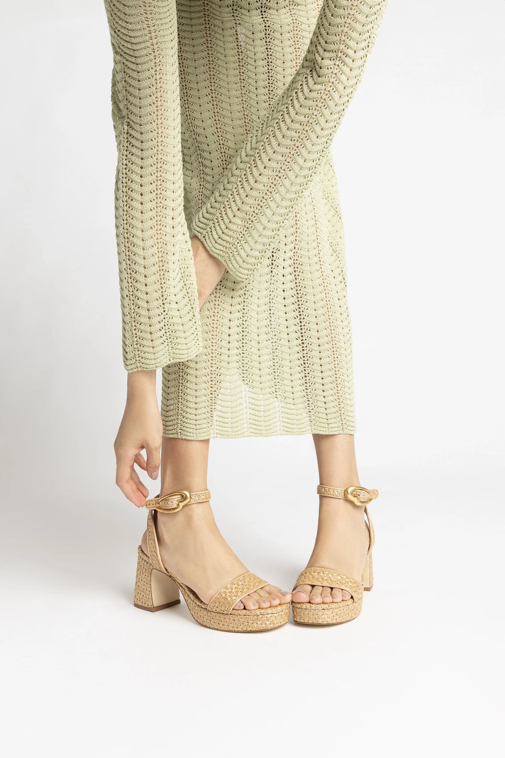 Natural Raffia and Beige Leather Low Block Heel Platform Sandal