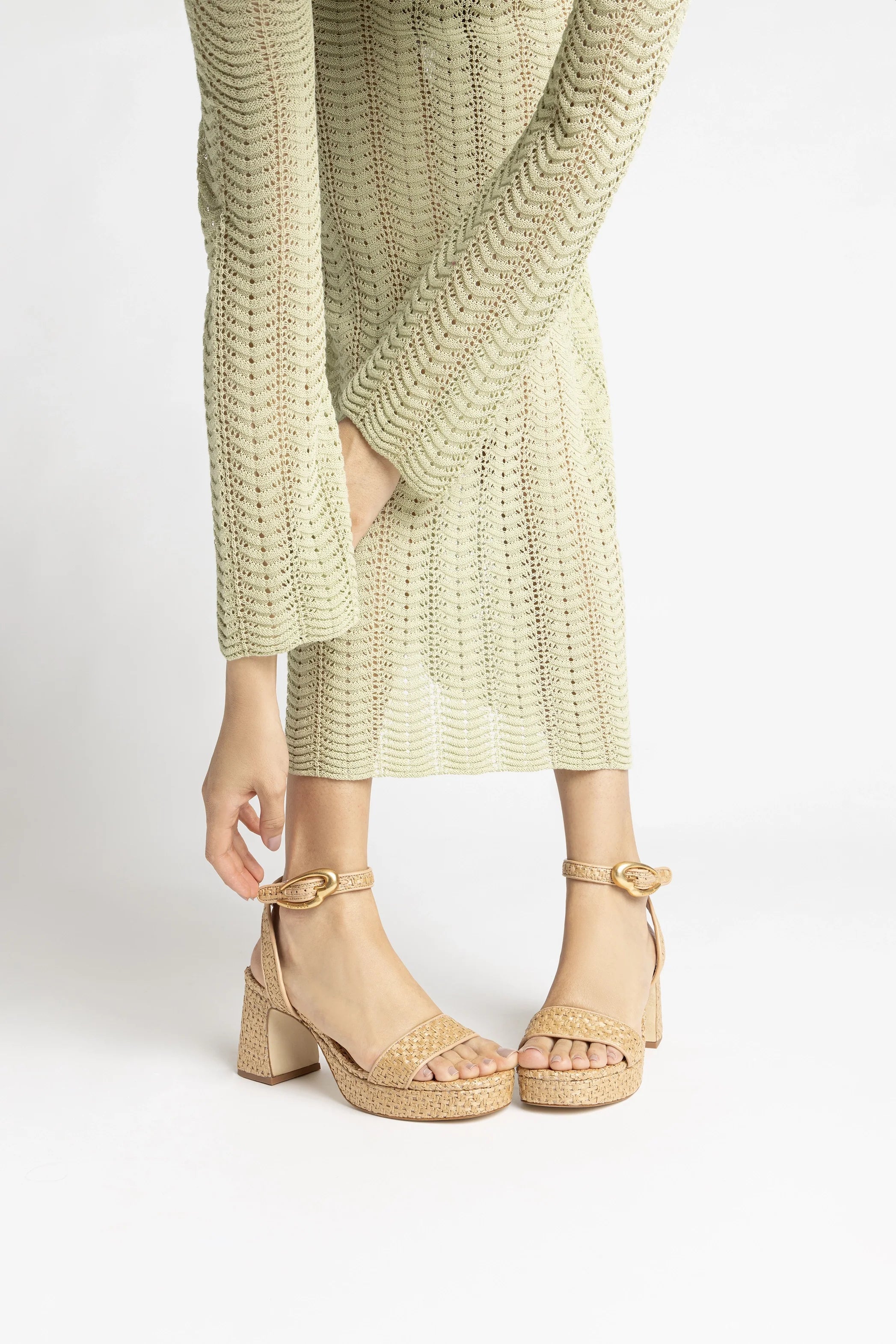 Natural Raffia and Beige Leather Low Block Heel Platform Sandal