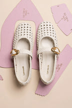 Ivory Leather Macrame Mary-Jane Ballet Flat