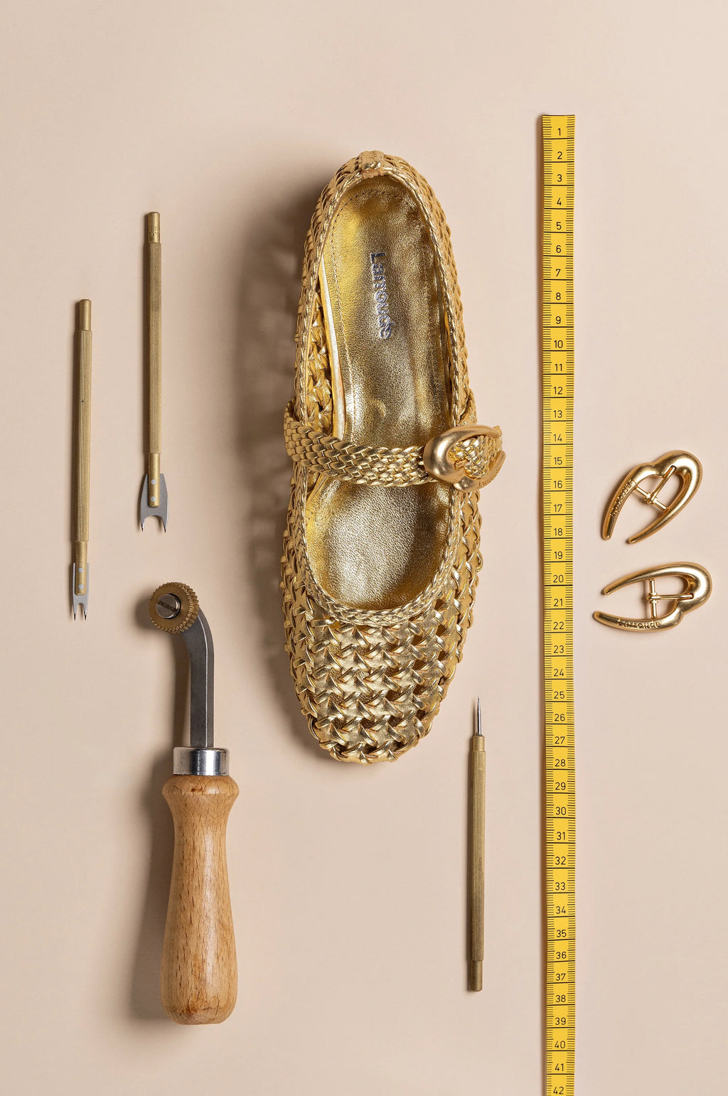 Gold Metallic Leather Macrame Mary-Jane Ballet Flat