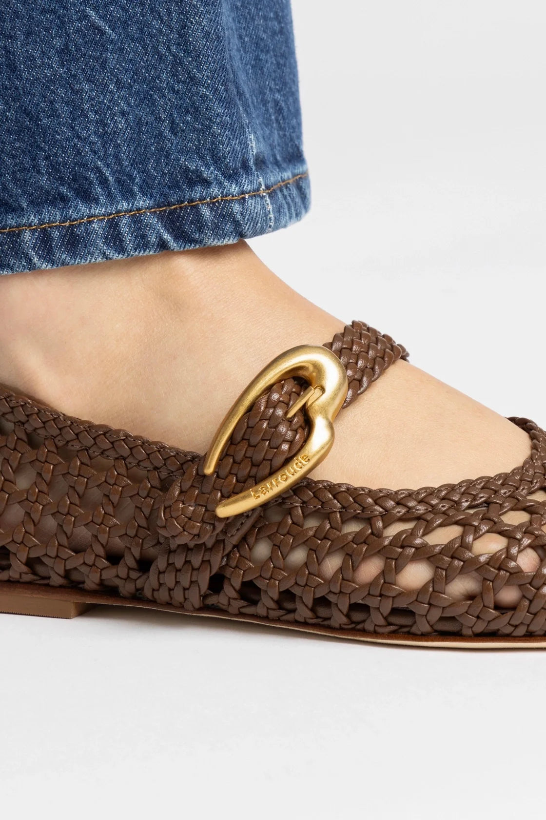 Burnt Umber Leather Macrame Mary-Jane Ballet Flat