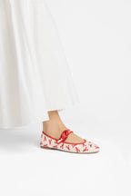 White Striped Fabric Ballet Flat with Lobster Embroidery