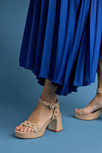 Beige Raffia Broderie Low Block Heel Platform Sandal