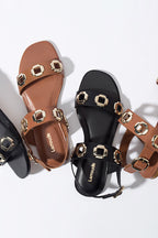 Caramel Leather Flat Sandal with Chain Detail