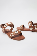 Caramel Leather Flat Sandal with Chain Detail
