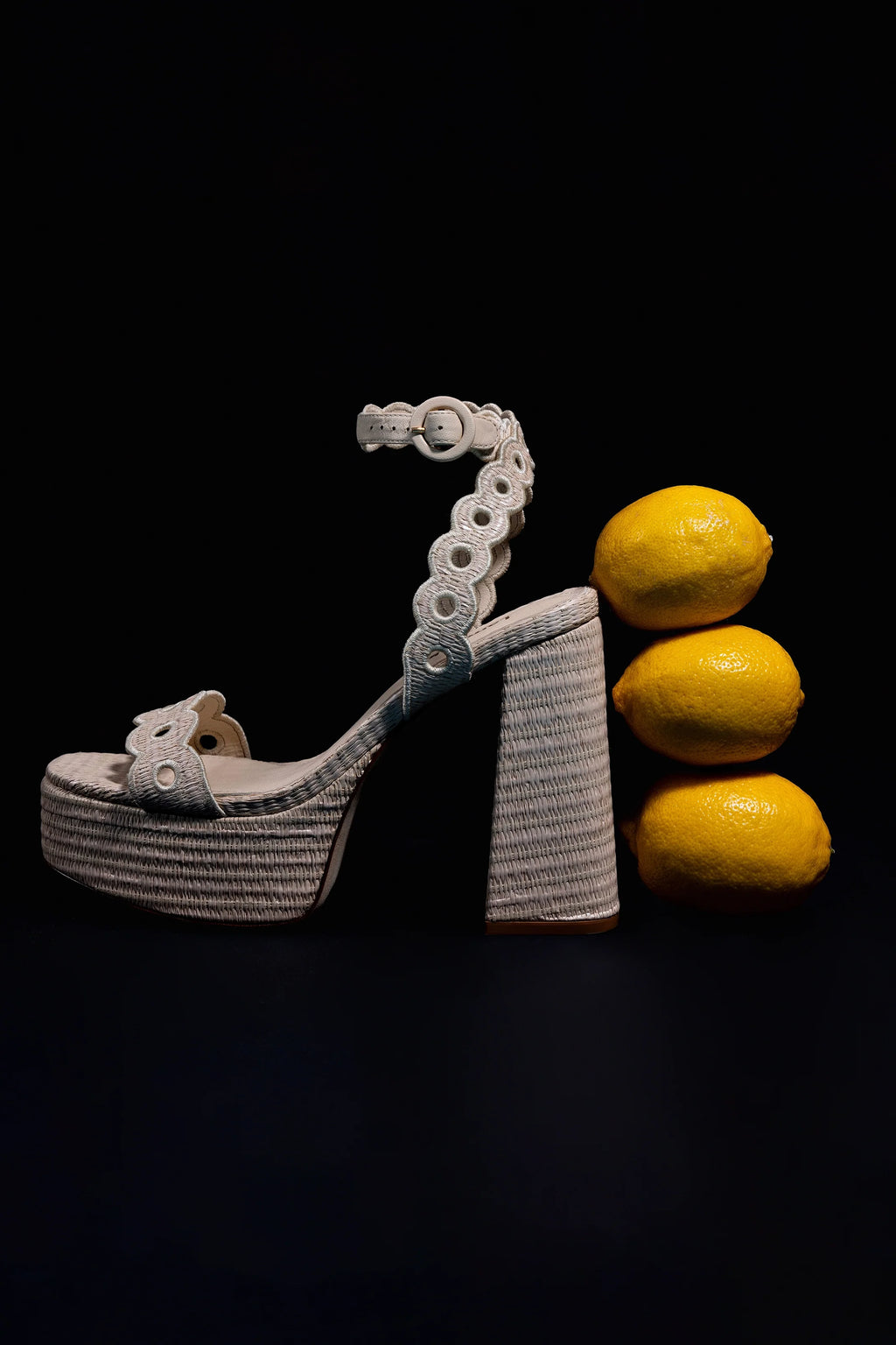 Natural Raffia Broderie High Block Heel Platform Sandal