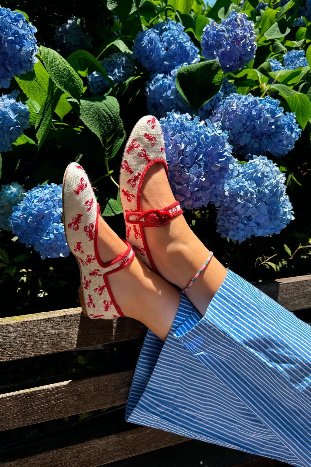 White Striped Fabric Ballet Flat with Lobster Embroidery